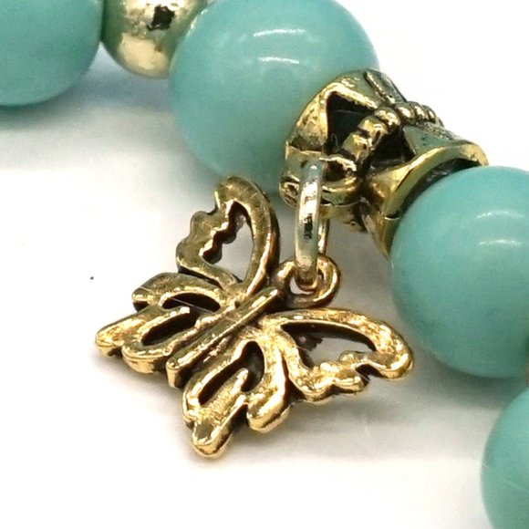Bracelet Turquoise Gold Beads Antiqued Gold Butterfly Charm. OS. - Picture 3 of 3
